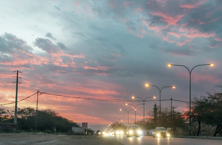 AMMAN, JORDAN-FEBRUARY 2015. Access highway to Amman the capital of Jordan full of cars at dusk.のeditorial素材