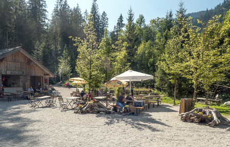 Village of Gosau with its wooden houses in the Alps of Austria on a sunny day.のeditorial素材