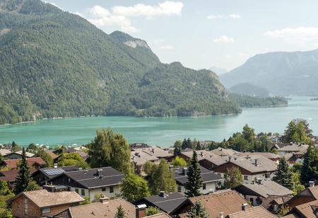 Village of Gosau with its wooden houses in the Alps of Austria on a sunny day.の写真素材