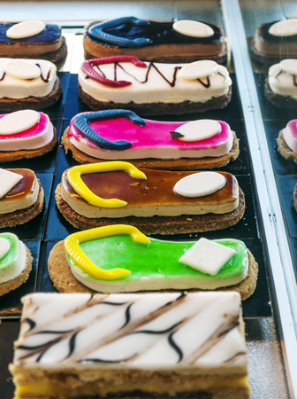 Cakes in a market stall.
