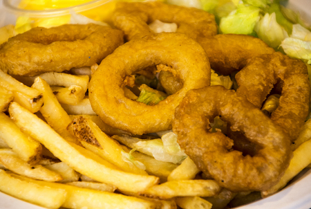 Roman squid with chips served on a plate.の写真素材