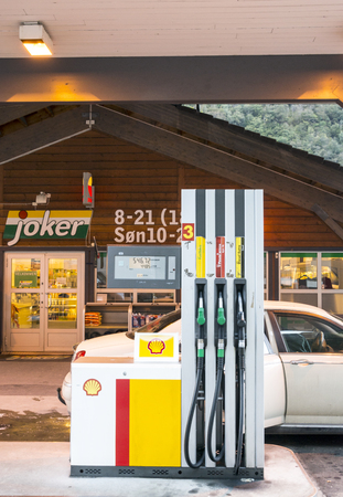 Geiranger, Norway-September 2016. Service station to refuel in Geiranger. Geiranger is a village located in front of the Geirangerfjord, in the west of Norway. Multimedia information about the history of the region and its inhabitants is available at the のeditorial素材