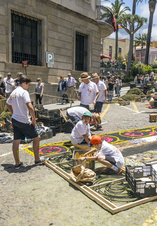 LA OROTAVA CANARY ISLAND SPAIN - JUNE 2018. The people of the town working on the day of Corpus Christi in the flower carpets.のeditorial素材