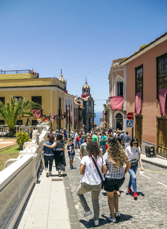 LA OROTAVA CANARY ISLAND SPAIN - JUNE 2018. The people of the town working on the day of Corpus Christi in the flower carpets.のeditorial素材