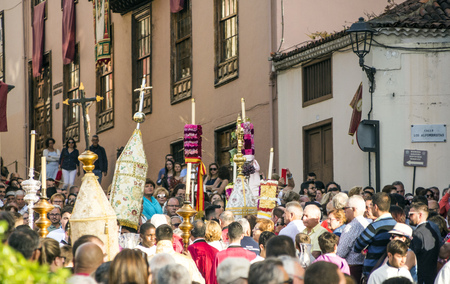 LA OROTAVA CANARY ISLAND SPAIN - JUNE 2018. The people of the town working on the day of Corpus Christi in the flower carpets.のeditorial素材