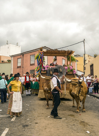 La Orotava, Tenerife, Spain-June 2018. The Pilgrimage of San Isidro Labrador, in La Orotava. The festival is declared of National Tourist Interest and is celebrated after Corpus Christi. The pilgrimage, originated in the seventeenth century, runs through のeditorial素材