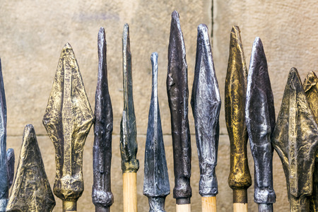 Spearheads in a medieval market in Pamplona, Spain.の写真素材