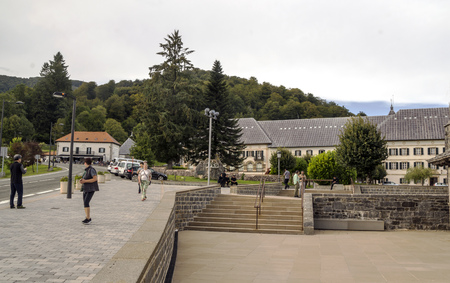 Roncesvalles, Navarra, Spain-September 2018. The houses and religious institutions and attention to the pilgrims Jacobean are in the town of Roncesvalles, located at the foot of IbaÃ±eta, where the famous llanada starts in which the songs of deeds locate のeditorial素材