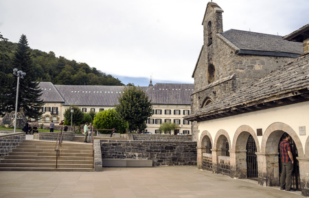 Roncesvalles, Navarra, Spain-September 2018. The houses and religious institutions and attention to the pilgrims Jacobean are in the town of Roncesvalles, located at the foot of IbaÃ±eta, where the famous llanada starts in which the songs of deeds locate のeditorial素材
