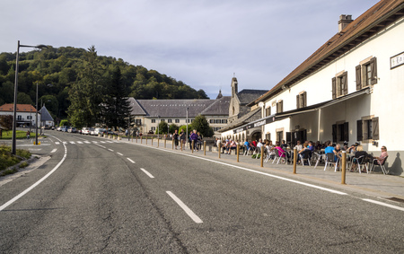 Roncesvalles, Navarra, Spain-September 2018. The houses and religious institutions and attention to the pilgrims Jacobean are in the town of Roncesvalles, located at the foot of IbaÃ±eta, where the famous llanada starts in which the songs of deeds locate のeditorial素材