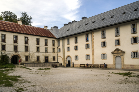 Roncesvalles, Navarra, Spain-September 2018. The houses and religious institutions and attention to the pilgrims Jacobean are in the town of Roncesvalles, located at the foot of IbaÃ±eta, where the famous llanada starts in which the songs of deeds locate のeditorial素材