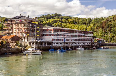 Orio, Basque Country, Spain-September 2018. Orio is a Spanish municipality in the province of GuipÃºzcoa, in the autonomous community of the Basque Country. It is a coastal town with a fishing tradition. You can see the buildings by the sea.のeditorial素材