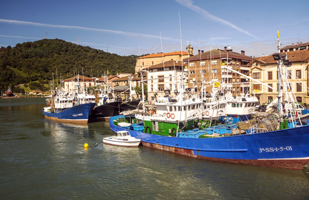 Orio, Basque Country, Spain-September 2018. Orio is a Spanish municipality in the province of GuipÃºzcoa, in the autonomous community of the Basque Country. It is a coastal town with a fishing tradition. You can see the buildings by the sea.のeditorial素材