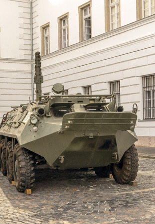 Tank in the street of Budapest outside the museum in a cloudy day.のeditorial素材