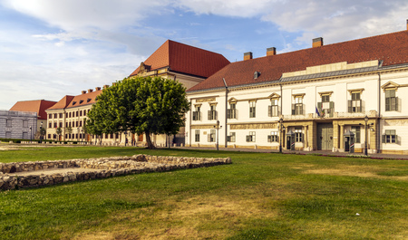 Residential ancient house with formal garden in Budapest in a cloudy day.のeditorial素材