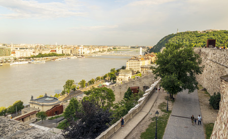 Budapest, Hungary - June 2019. Danube river in the city of Budapest. You can see the river life and the historical building in the background.のeditorial素材