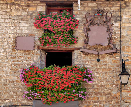Facade of ancient house decorated with flowers