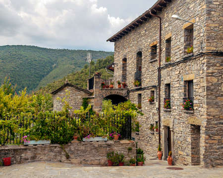 Village with stone houses in the Pyrenees mountains
