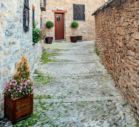 Streets of stone in Ainsa in the north of Spainの写真素材