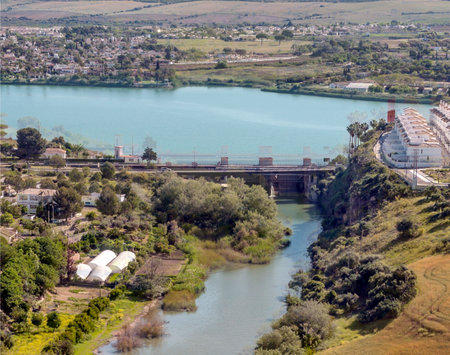 Lake with houses in Arcos de la Frontera in Spainの写真素材