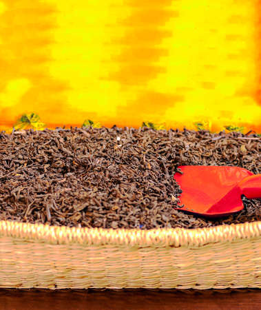 Tea leaves in a wicker basket