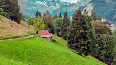 Wengen in the swiss alps surrounded by mountains in a cloudy dayの写真素材