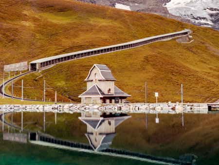 Lake in the European alps in a cloudy dayの写真素材