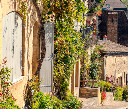 Medieval village of Aquitaine with its stone houses in the south of France on a sunny day.