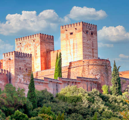 Aerial view of the Alhambra in Granada on a cloudy day.のeditorial素材