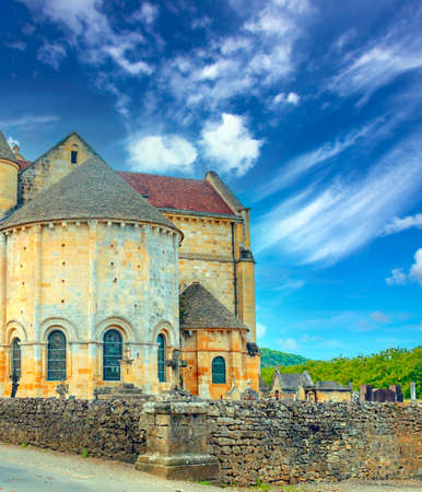 Medieval village of Aquitaine with its stone houses in the south of France on a sunny day.