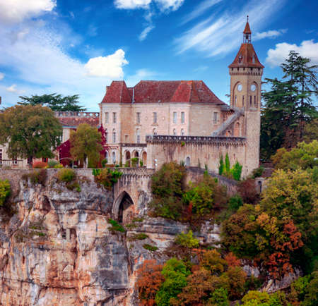 Medieval village of Aquitaine with its stone houses in the south of France on a sunny day.のeditorial素材