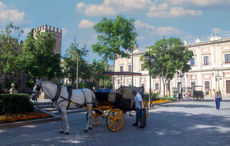 SEVILLA, SPAIN - JULY 2021. Tourist walking in the street of sevilla in tue south of Spain in a sunny day.の写真素材
