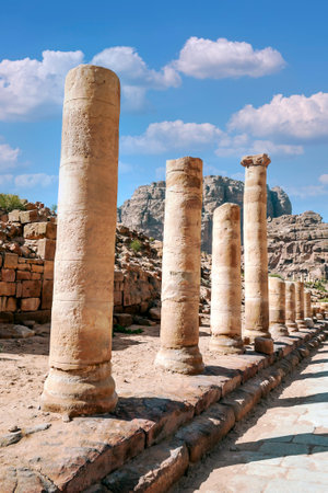 Ruins of the ancient city of Petra in Jordan in a sunny day. Petra is an important archaeological site built with stone.の写真素材