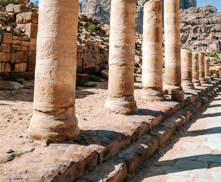 Ruins of the ancient city of Petra in Jordan in a sunny day. Petra is an important archaeological site built with stone.の写真素材