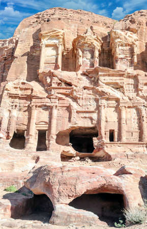 Ruins of the ancient city of Petra in Jordan in a sunny day. Petra is an important archaeological site built with stone.の写真素材