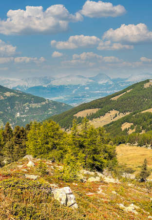 Mountains of the Swiss Alps in the Saint Luc valley on a sunny day.