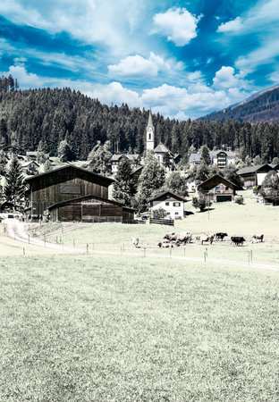 Village of Gosau with its wooden houses in the Alps of Austria on a winter day.