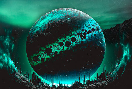 Moon under aurora boreal sky in the scandinavian nightの写真素材