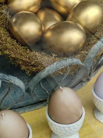 Eastern eggs in a basket in verticalの写真素材