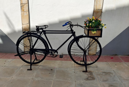 Street of spanish village of el Coronil in Andalusia with bicycle with flowersの写真素材