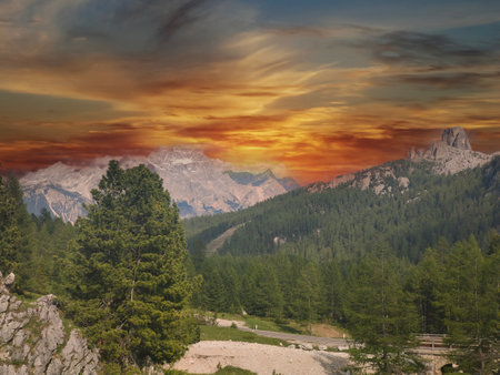 Dolomites mountains in the north of Italy at sunsetの写真素材