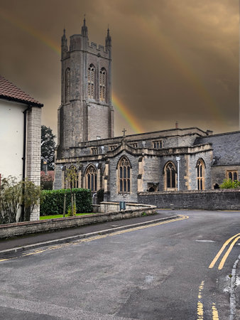 A view of the Abbey Church of St Mary and the rainbow.
