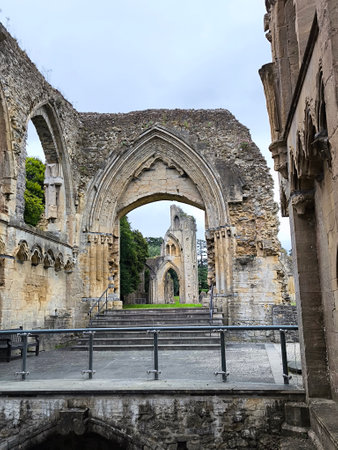 Ancient church in Glastonbury in a cloudy dayの写真素材