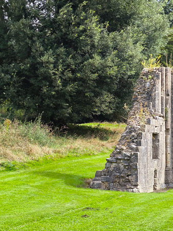 Ancient church ruins in Glastonbury on a cloudy dayの写真素材