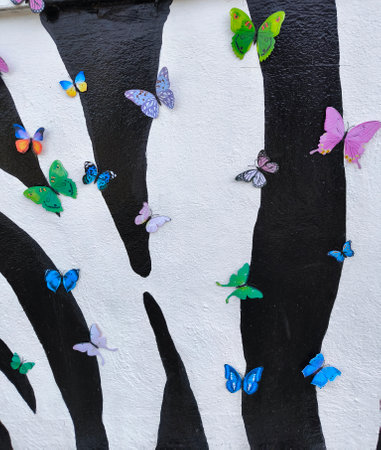 Butterfly colors in a wall forming a backgroundの写真素材