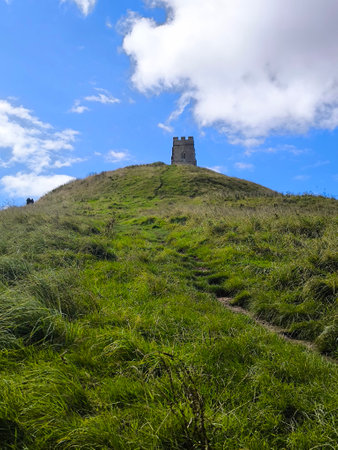 Tower of tor in Glastonbury in a cloudy dayの写真素材
