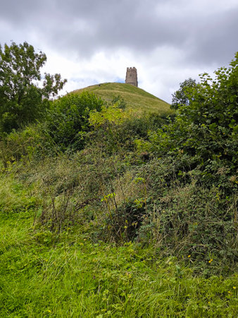 Tower of tor in Glastonbury in a cloudy dayの写真素材