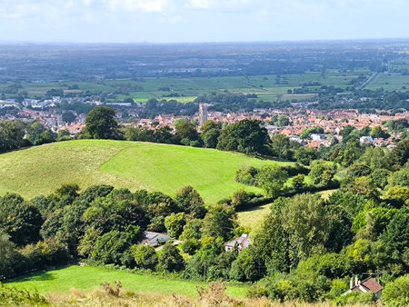 Landscape in the south in Glastonbury in the south of England in a cloudy dayの写真素材