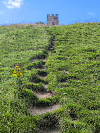 Tower of tor in Glastonbury in a cloudy dayの写真素材
