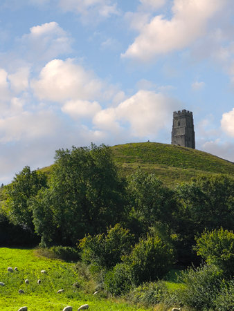 Tower of tor in Glastonbury in a cloudy dayの写真素材